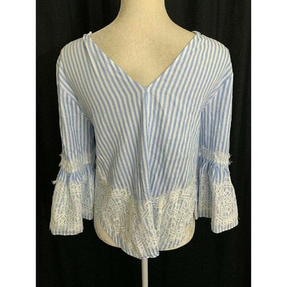 Zara Womens Blue White Striped Lace Long Sleeve Top Blouse Xs - Picture 4 of 7